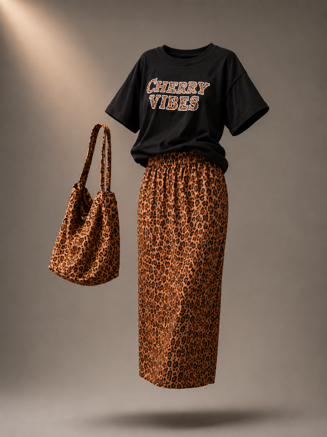 Women’s Cherry Vibes Graphic Oversized T-Shirt with Leopard Print Midi Skirt Co-Ord Set | Casual Trendy Outfit