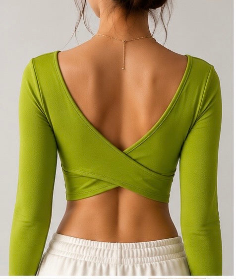 Women’s Long Sleeve Backless Cross-Wrap Crop Top