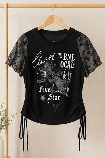 Women’s Graphic Print Lace Sleeve Top – Casual Ruched Side T-Shirt