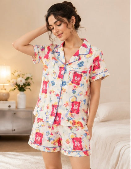 Women’s Cute Teddy Bear Print 3 Piece Night Suit Set | Half Sleeve Shirt, Full Pants & Shorts