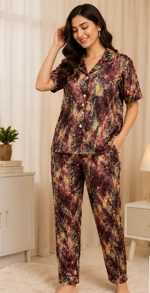 Women’s Printed Satin Night Suit Set – Half Sleeve Button-Down Pajama Set