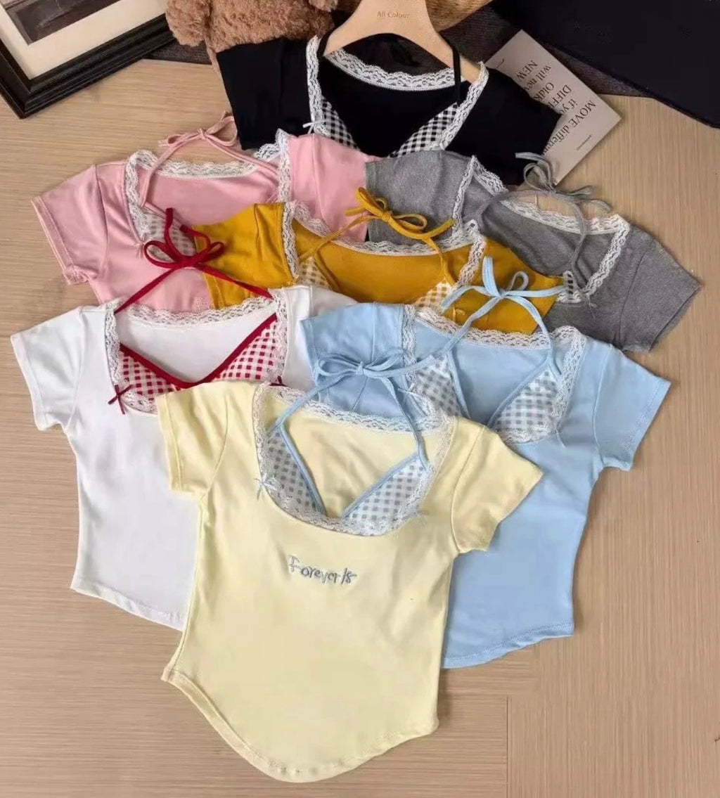 Women’s Korean Style Lace Layered Ribbed Half Sleeve Slim Fit Top | Soft Stretch Casual T-Shirt