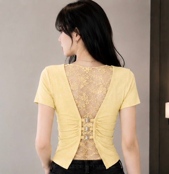 Lace Whisper Open-Back Fitted Crop Top