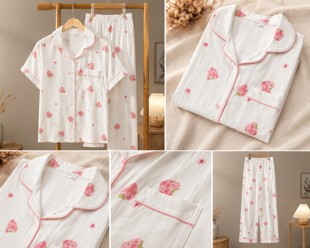 🍓 Strawberry Sweet Dreams Cotton Night Suit Set