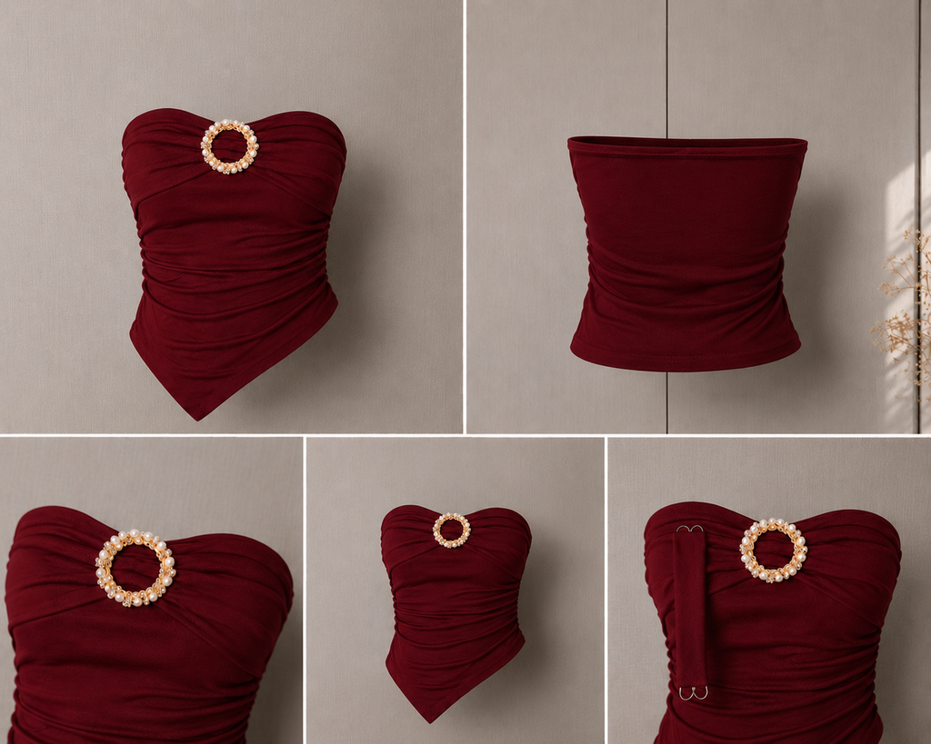 Burgundy Pearl-Ring Ruched Bandeau Top