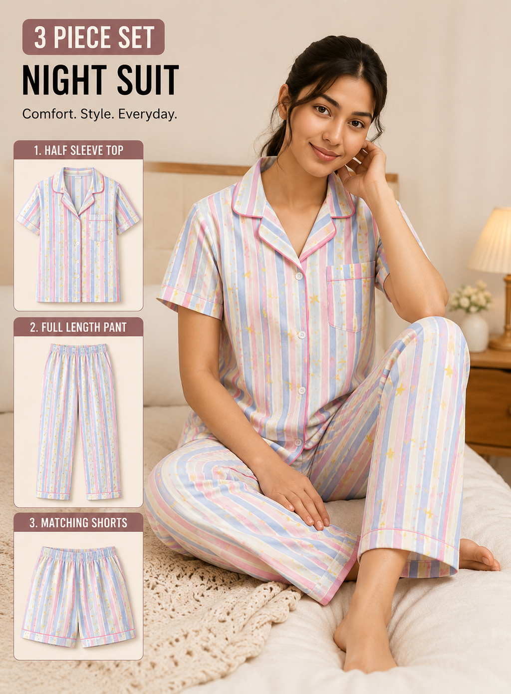 Women’s 3 Piece Night Suit Set – Half Sleeve Top, Full Length Pant & Matching Shorts