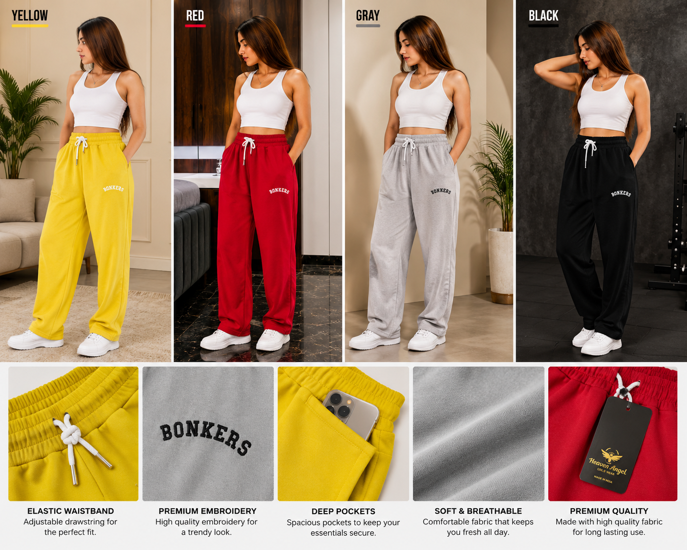 Women’s Bonkers Wide Leg Track Pants – High Waist Relaxed Fit Joggers