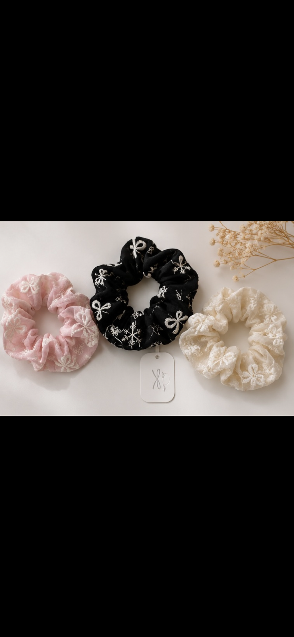 3 Pcs Floral Embroidered Organza Scrunchies for Women & Girls | Soft Elastic Hair Ties | Pink, Black & Cream