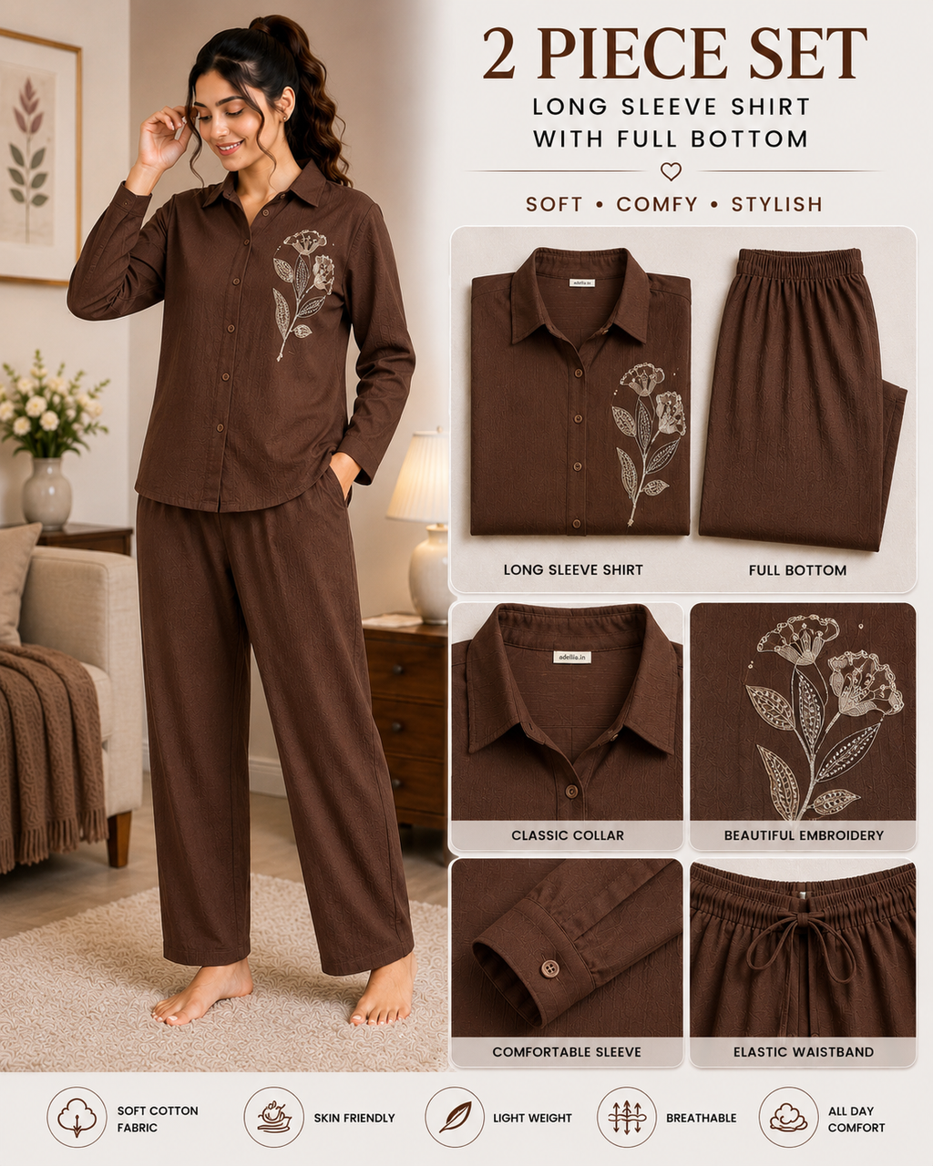 Women’s Premium Cotton Embroidered Night Suit Set | 2 Piece Full Sleeve Shirt & Full Bottom Pajama Set | Soft Breathable Lounge Wear | Regular Fit