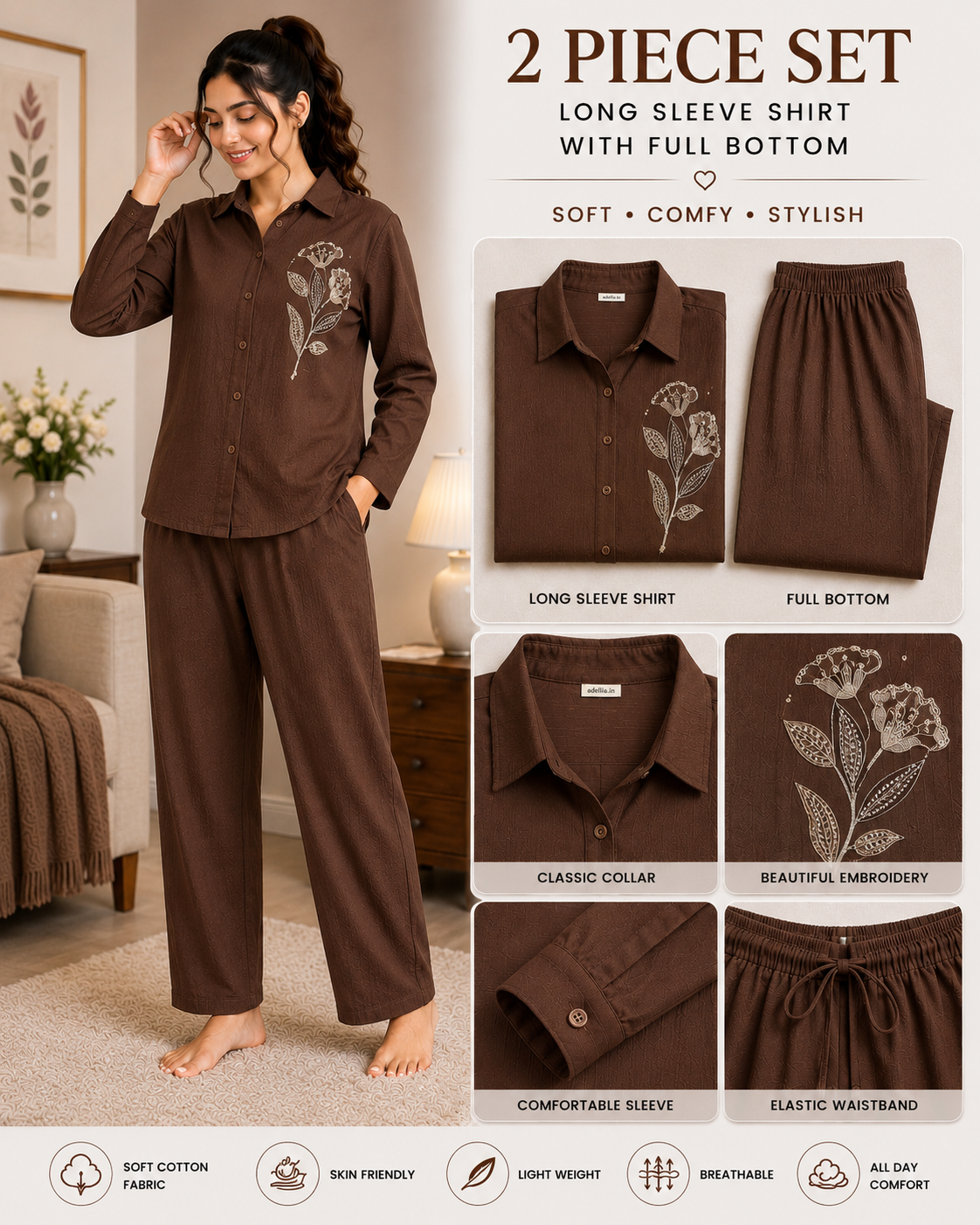 Women’s Premium Cotton Embroidered Night Suit Set | 2 Piece Full Sleeve Shirt & Full Bottom Pajama Set | Soft Breathable Lounge Wear | Regular Fit