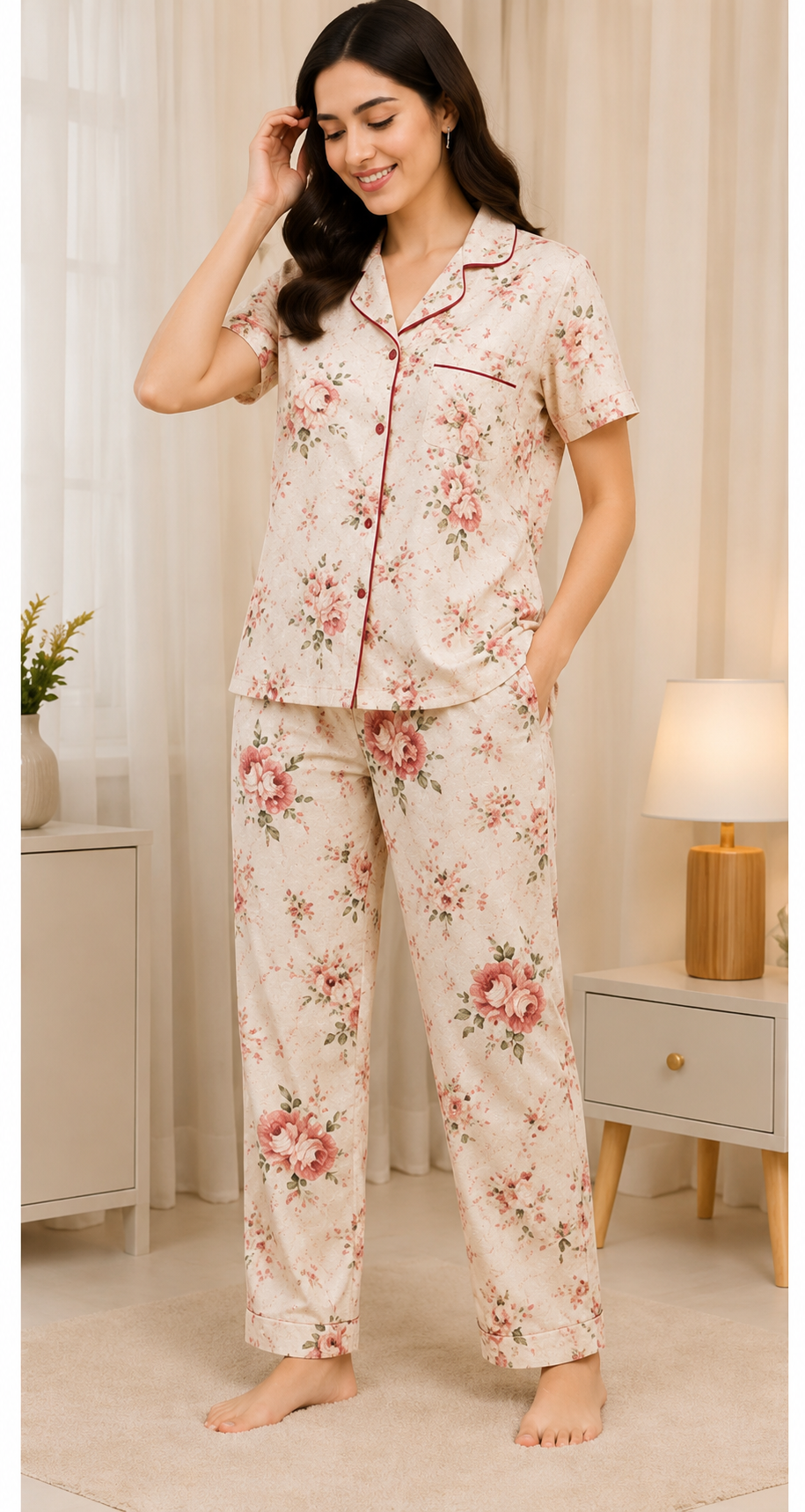 Women’s Floral Print Night Suit Set – Soft Cotton Full Sleeve Pajama Set