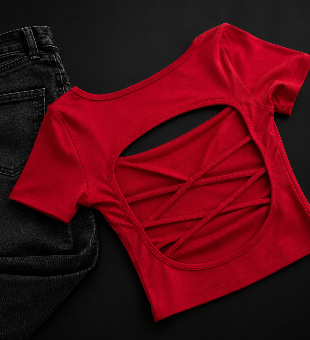 Women’s Premium Back Cut-Out Criss Cross Crop Top | Round Neck Half Sleeve Stretch Top