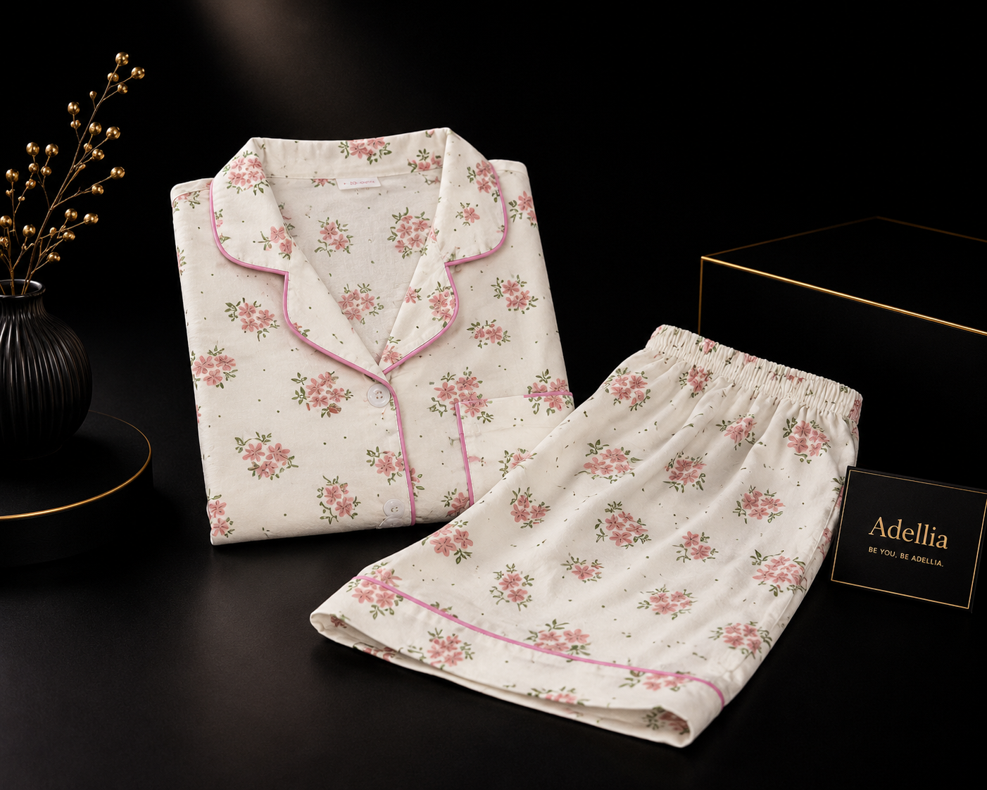 Women’s Premium Cotton Night Suit Set | Half Sleeve Button-Down Shirt & Shorts | Soft Floral Printed Sleepwear | Cream & Pink Lounge Wear