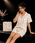 Women’s Premium Cotton Night Suit Set | Half Sleeve Button-Down Shirt & Shorts | Soft Floral Printed Sleepwear | Cream & Pink Lounge Wear