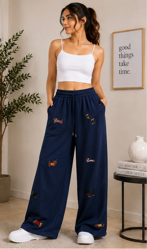Cute Dachshund Embroidered Wide-Leg Lounge Pants