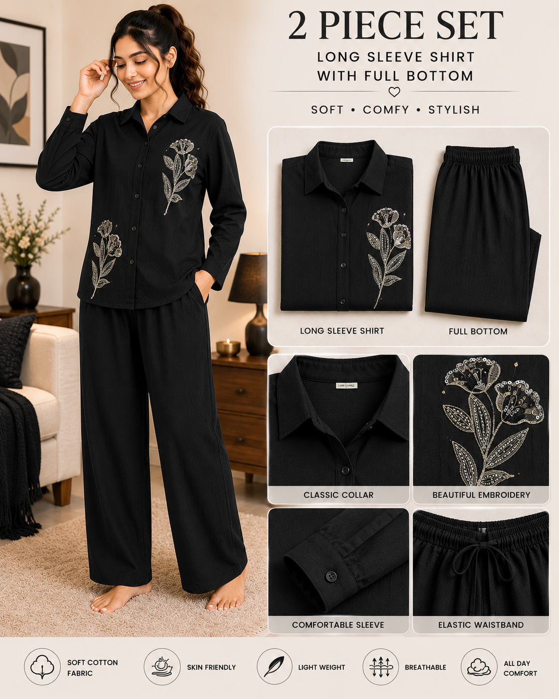 Women’s Premium Cotton Embroidered Night Suit Set | 2 Piece Full Sleeve Shirt & Full Bottom Pajama Set | Soft Breathable Lounge Wear | Regular Fit