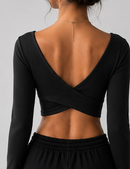 Women’s Long Sleeve Backless Cross-Wrap Crop Top