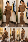 Women’s Cherry Vibes Graphic Oversized T-Shirt with Leopard Print Midi Skirt Co-Ord Set | Casual Trendy Outfit