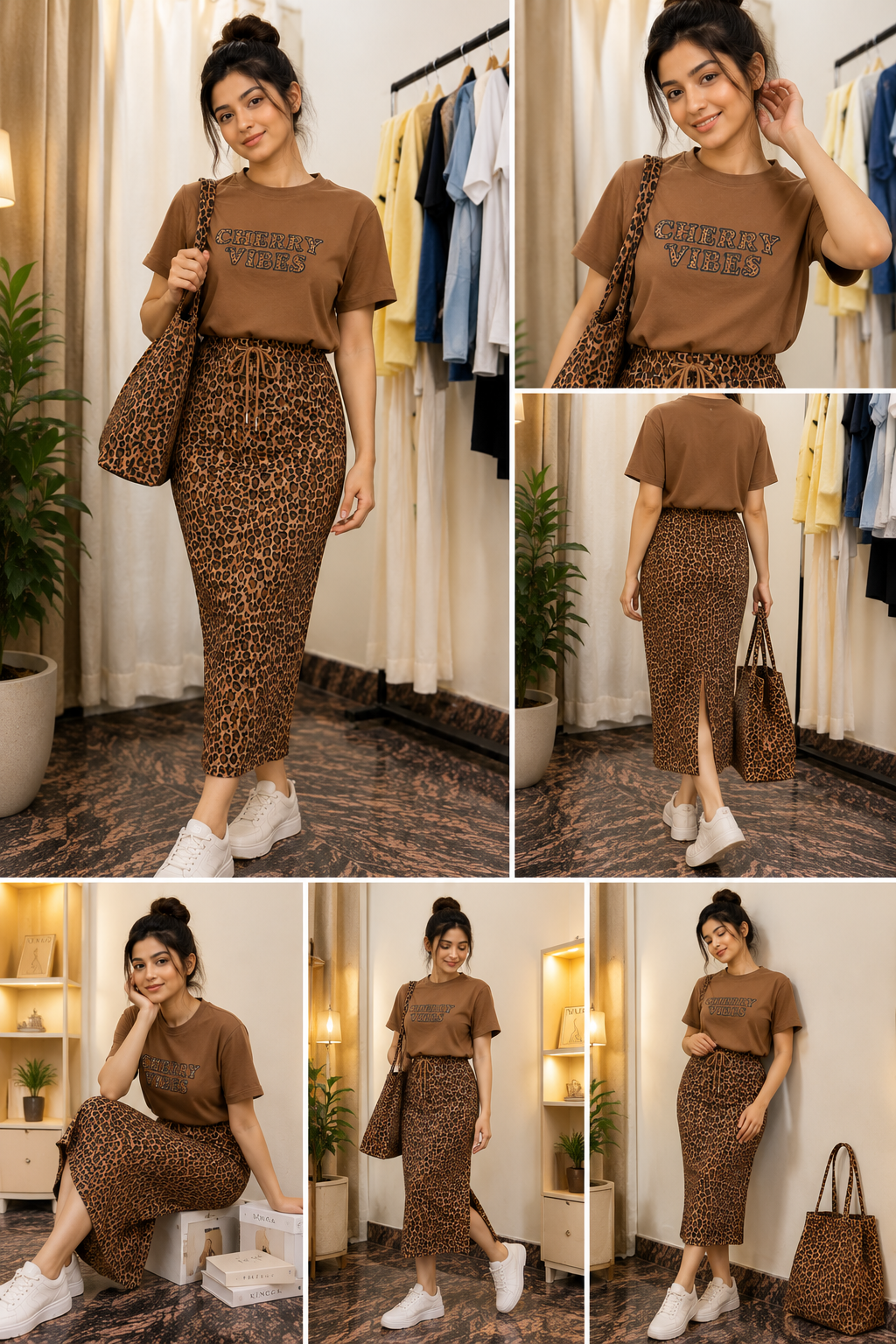 Women’s Cherry Vibes Graphic Oversized T-Shirt with Leopard Print Midi Skirt Co-Ord Set | Casual Trendy Outfit
