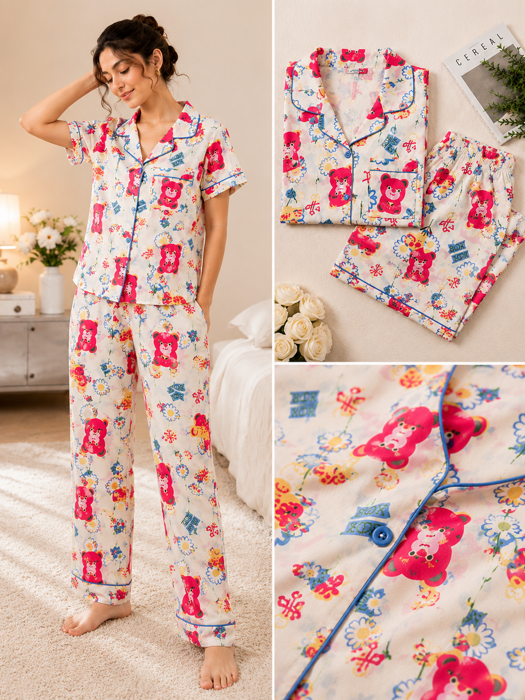 Women’s Cute Teddy Bear Print 3 Piece Night Suit Set | Half Sleeve Shirt, Full Pants & Shorts