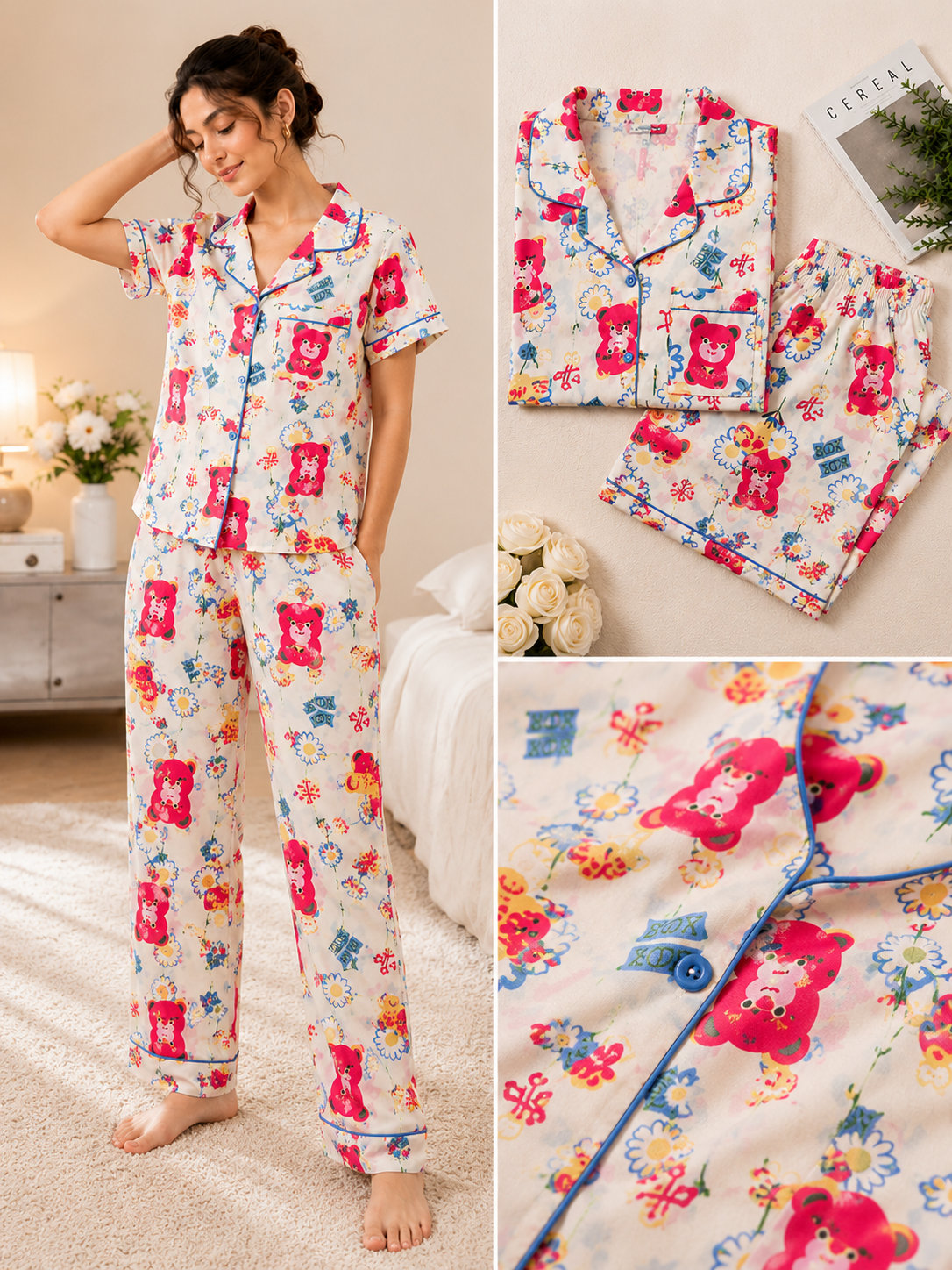 Women’s Cute Teddy Bear Print 3 Piece Night Suit Set | Half Sleeve Shirt, Full Pants & Shorts