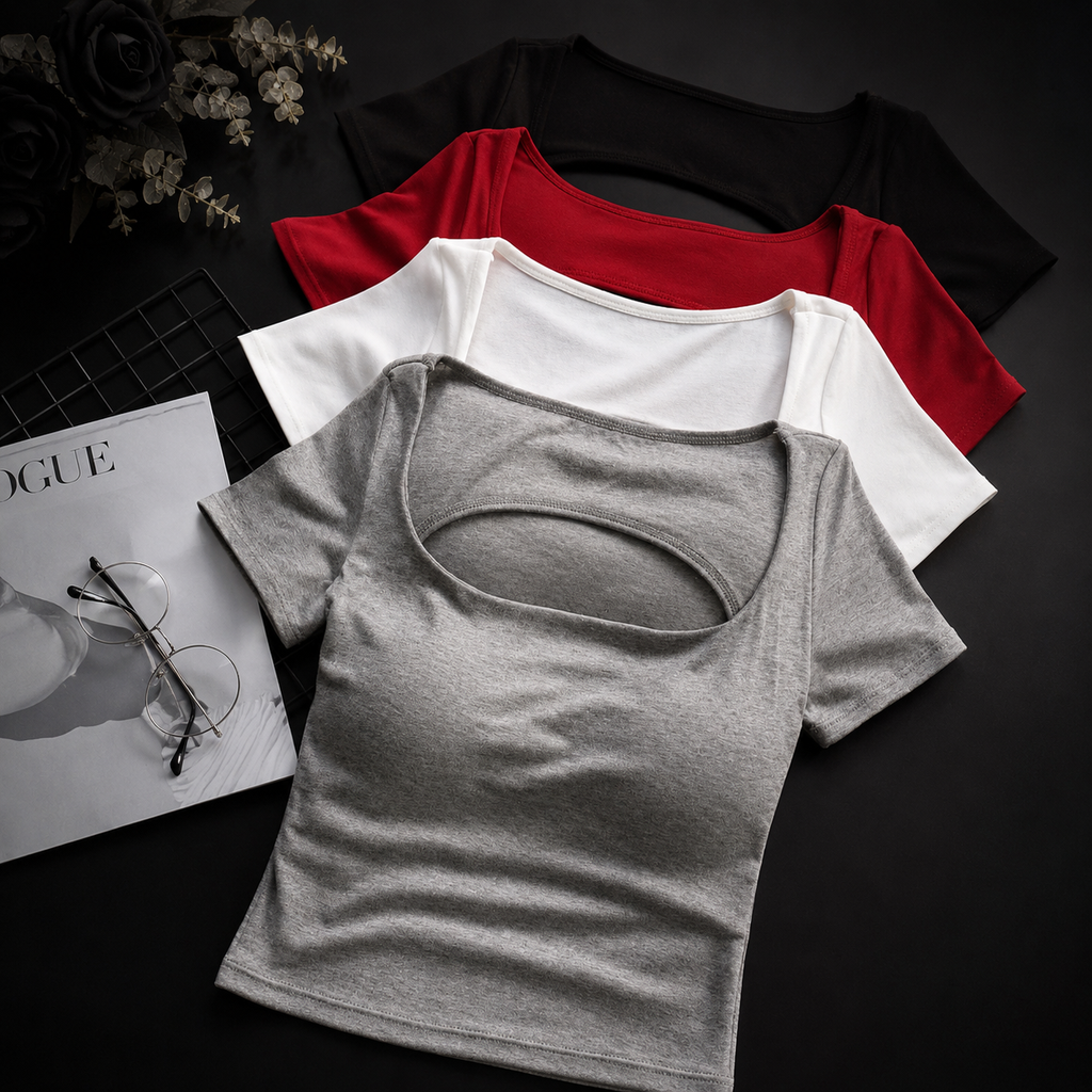 Women’s Premium Back Cut-Out Criss Cross Crop Top | Round Neck Half Sleeve Stretch Top