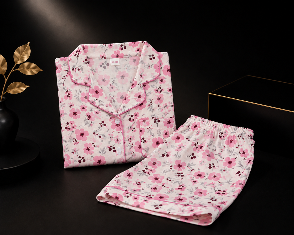 Women’s Premium Cotton Night Suit Set | Half Sleeve Button-Down Shirt & Shorts | Soft Pink Floral Printed Sleepwear | Lightweight Lounge Wear