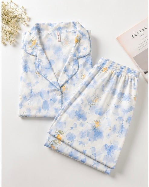 Women’s Blue Floral Night Suit Set – Soft half Sleeve Cotton Pajama Set