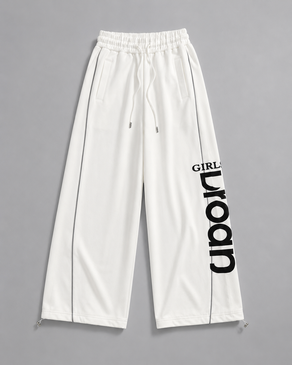 Women’s White Wide Leg Track Pants with Graphic Print | Oversized High-Waist Streetwear Joggers