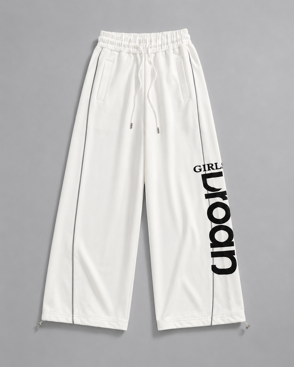 Women’s White Wide Leg Track Pants with Graphic Print | Oversized High-Waist Streetwear Joggers