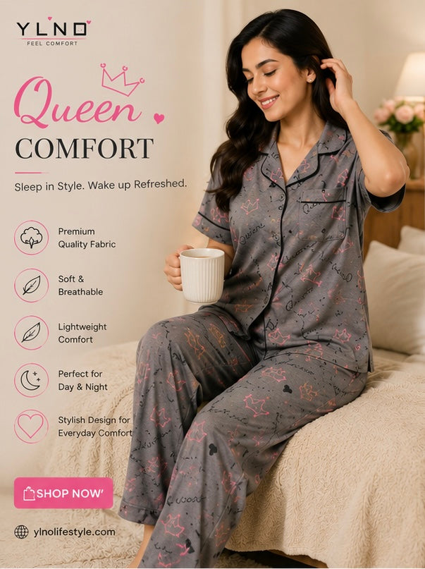 Women’s Queen Comfort Night Suit Set – Soft Half Sleeve Pajama Set