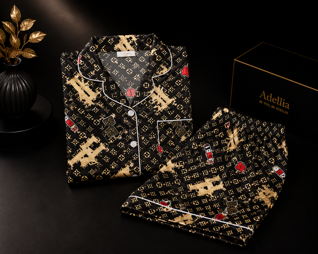 Women’s Premium Satin Night Suit Set | Half Sleeve Button-Down Shirt & Shorts | Soft Silk Feel Designer Printed Sleepwear | Black Lounge Wear