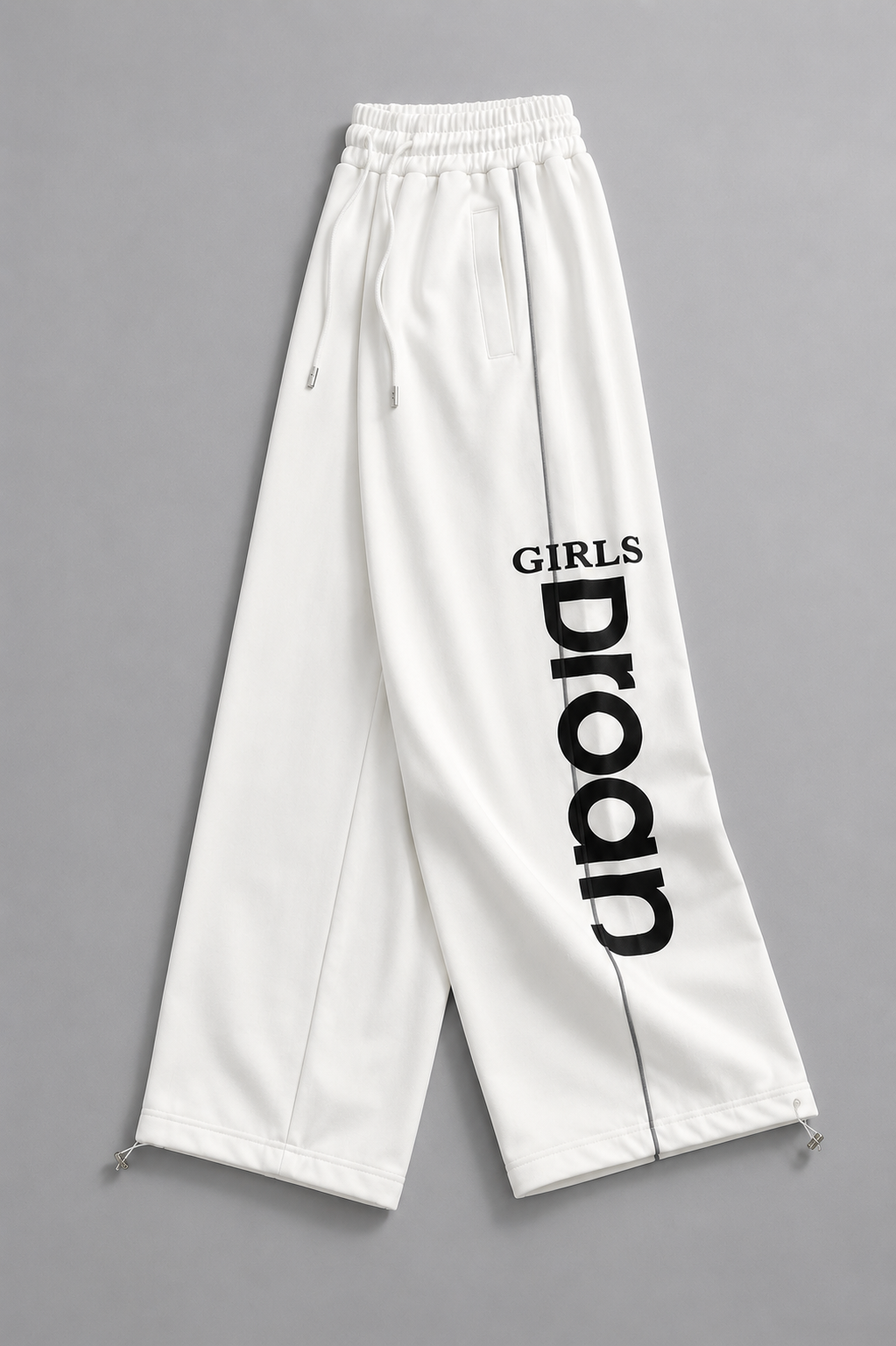 Women’s White Wide Leg Track Pants with Graphic Print | Oversized High-Waist Streetwear Joggers
