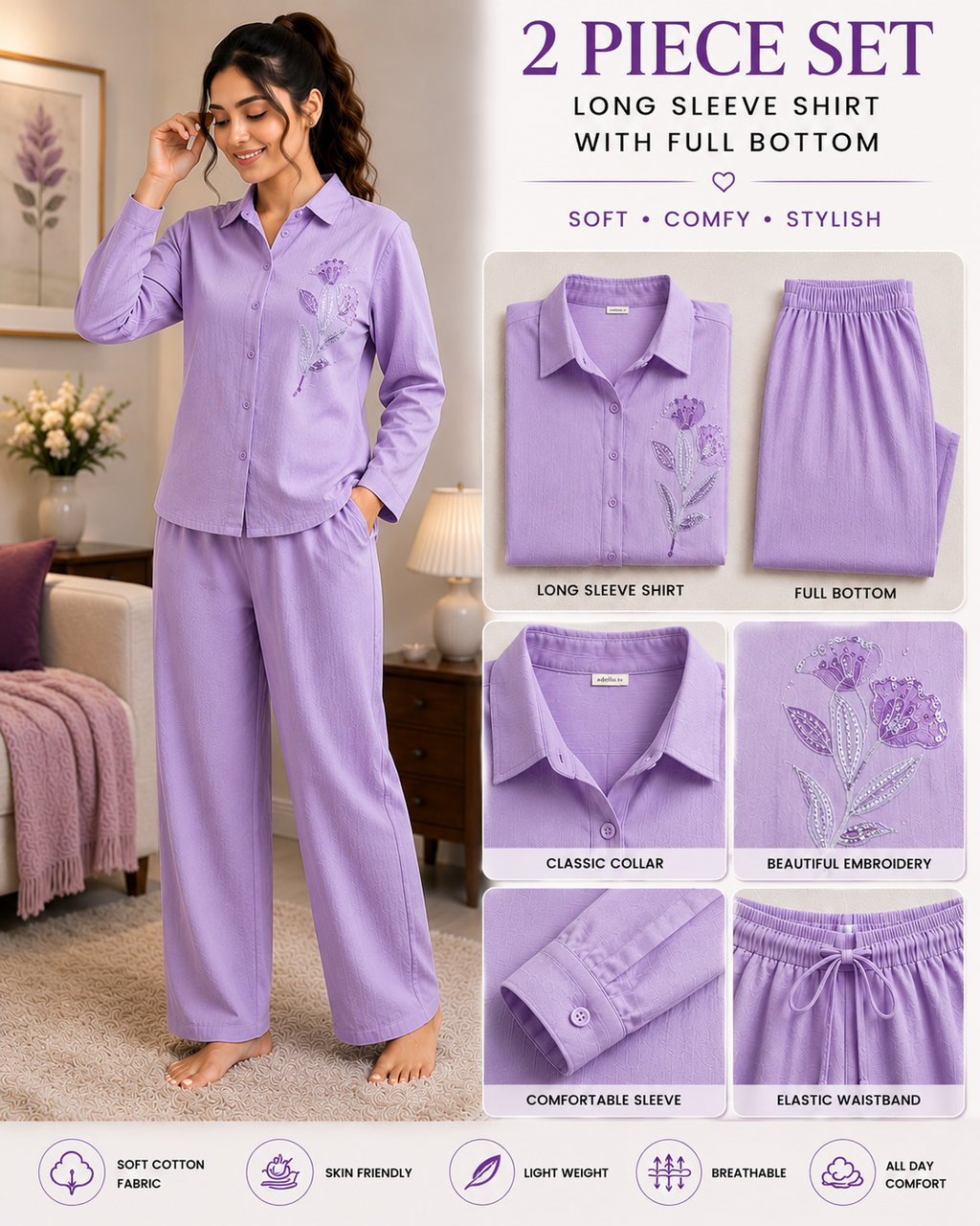 Women’s Premium Cotton Embroidered Night Suit Set | 2 Piece Full Sleeve Shirt & Full Bottom Pajama Set | Soft Breathable Lounge Wear | Regular Fit