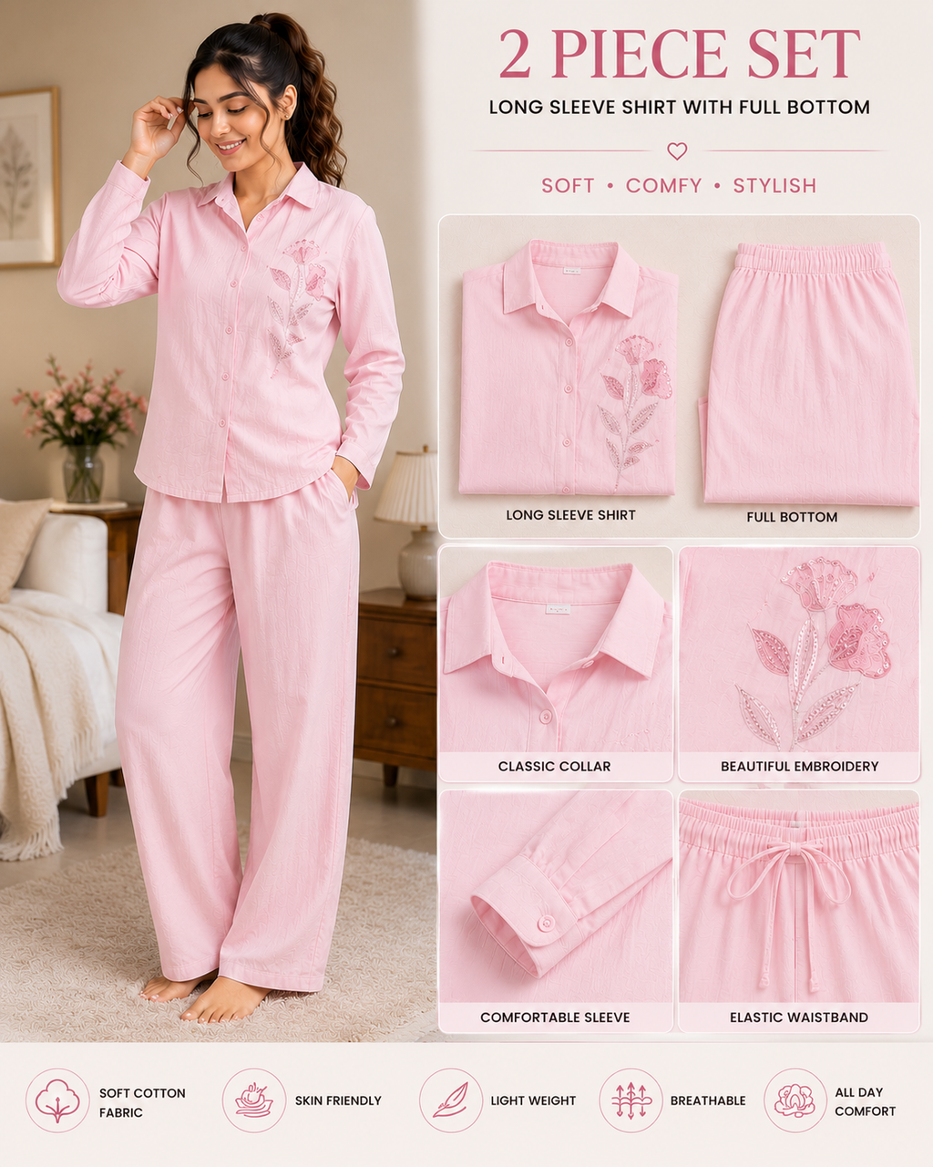 Women’s Premium Cotton Embroidered Night Suit Set | 2 Piece Full Sleeve Shirt & Full Bottom Pajama Set | Soft Breathable Lounge Wear | Regular Fit