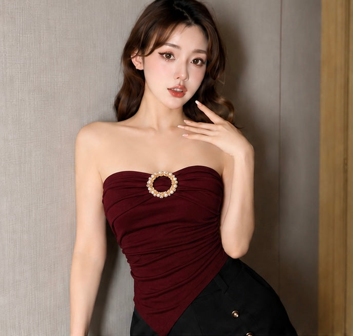 Burgundy Pearl-Ring Ruched Bandeau Top