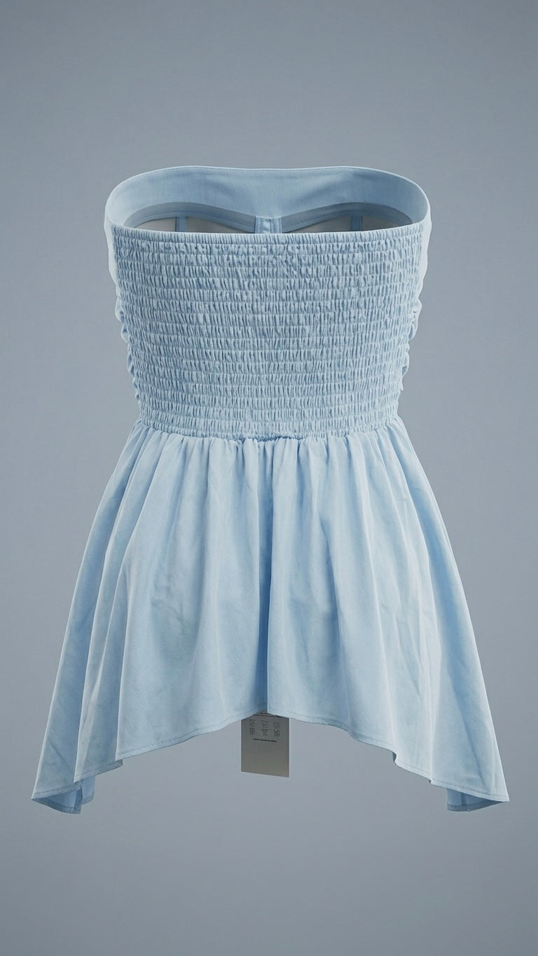 Women’s Sky Blue Strapless Ruched Peplum Tube Top | Smocked Back Sleeveless Summer Top