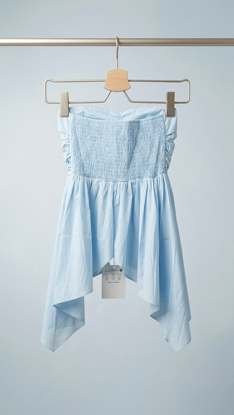 Women’s Sky Blue Strapless Ruched Peplum Tube Top | Smocked Back Sleeveless Summer Top
