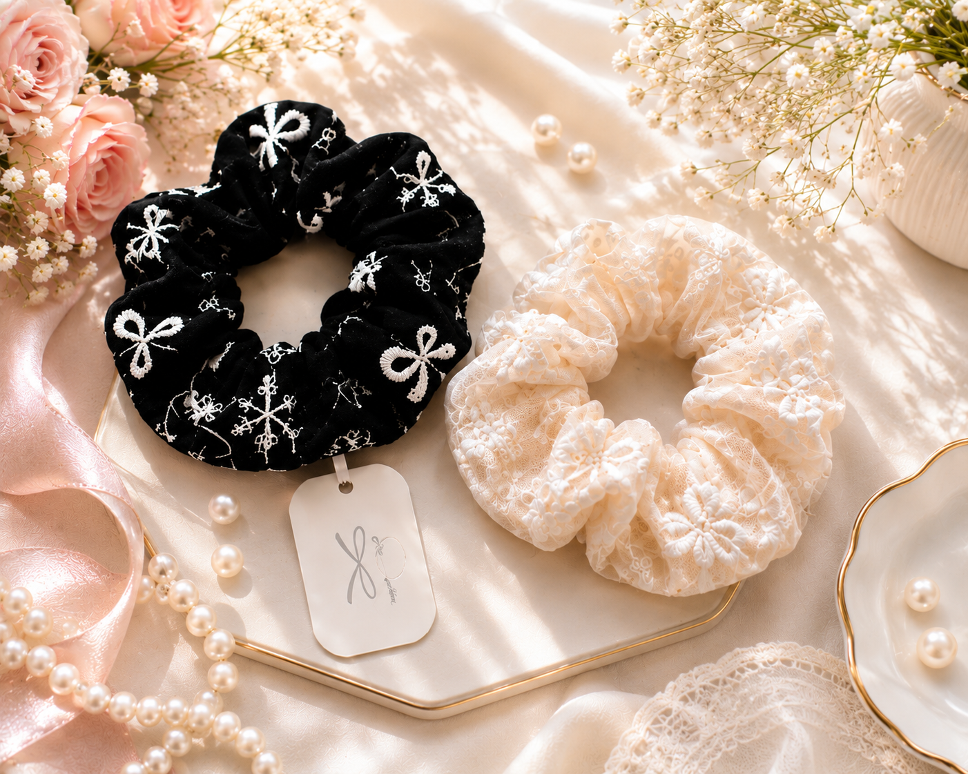3 Pcs Floral Embroidered Organza Scrunchies for Women & Girls | Soft Elastic Hair Ties | Pink, Black & Cream