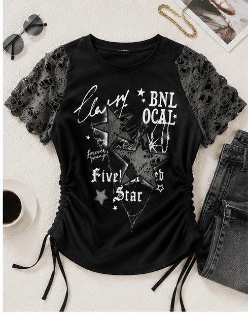 Women’s Graphic Print Lace Sleeve Top – Casual Ruched Side T-Shirt