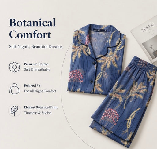 Women’s Botanical Print Cotton Night Suit Set – Full Sleeve Button-Down Pajama Set