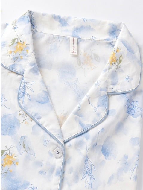 Women’s Blue Floral Night Suit Set – Soft half Sleeve Cotton Pajama Set