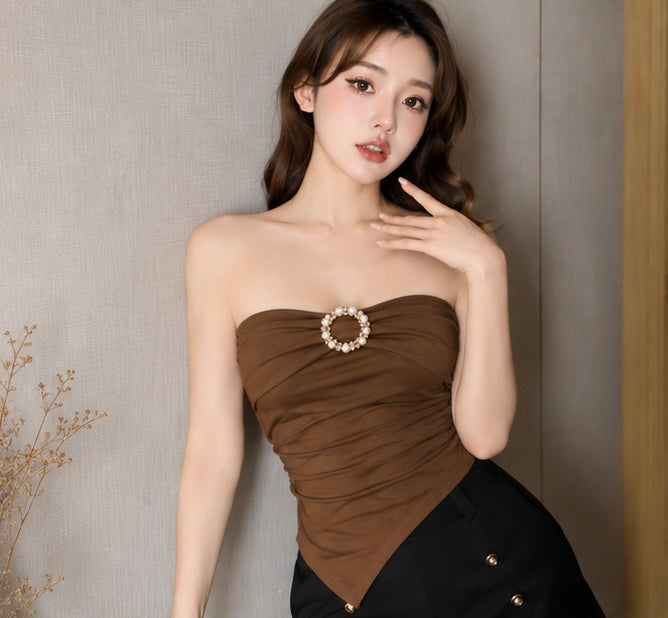 Burgundy Pearl-Ring Ruched Bandeau Top