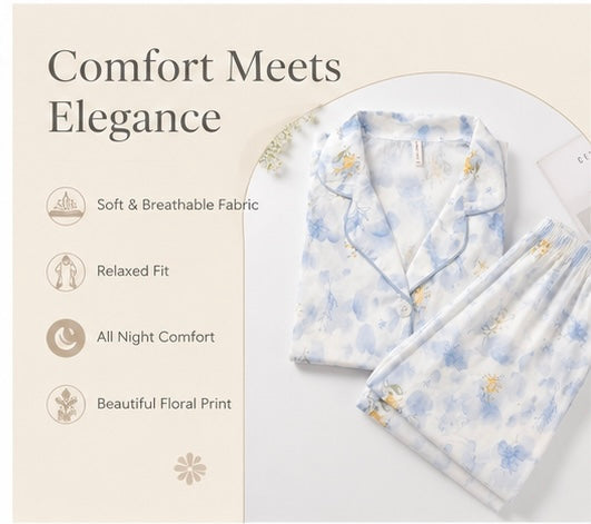 Women’s Blue Floral Night Suit Set – Soft half Sleeve Cotton Pajama Set