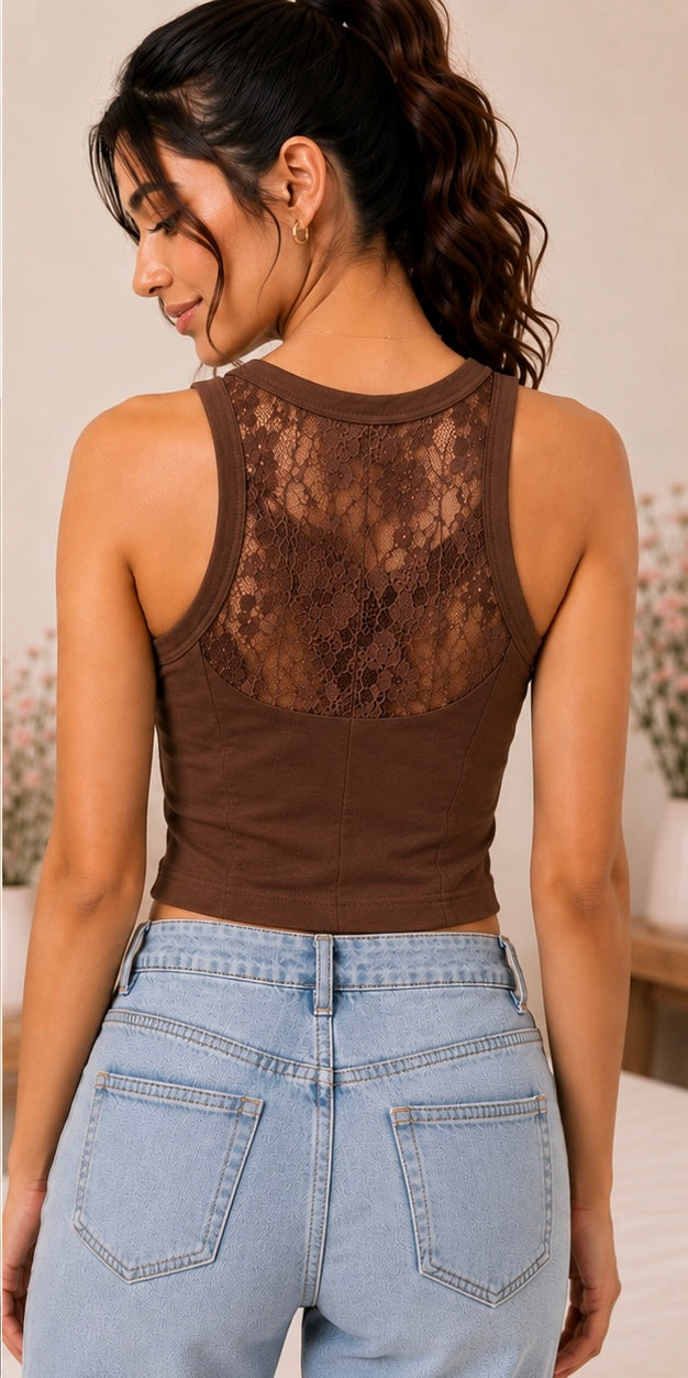 Midnight Lace Elegance Padded Crop Tank Top